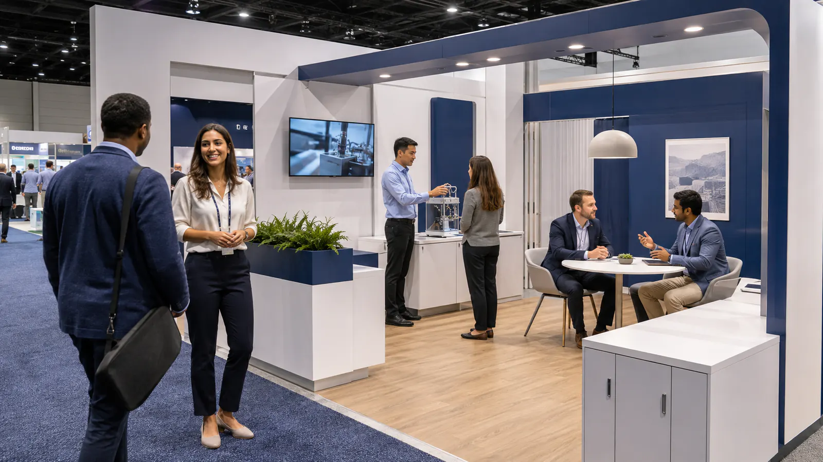 Trade show booth designed around staff movement, demonstrations, meetings, and storage
