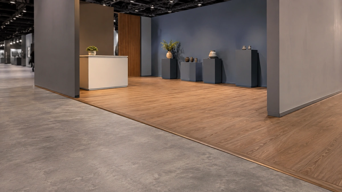 Illustrative booth entrance with a low floor transition and a clear route to a counter and display plinths.