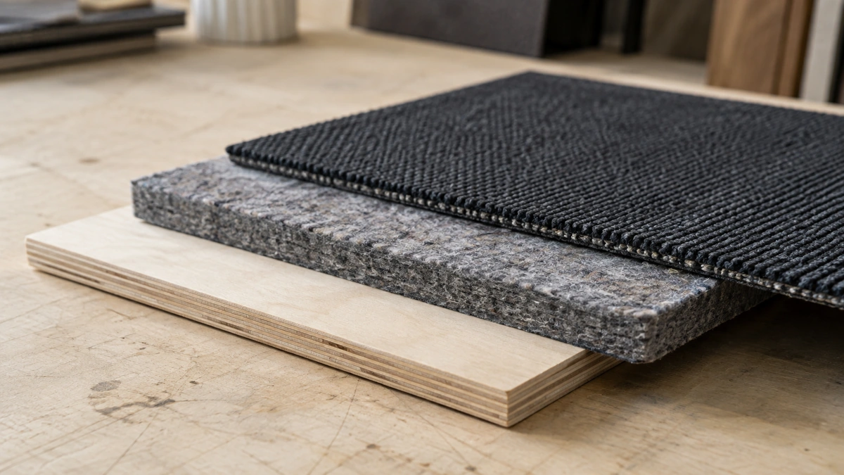 Illustrative close-up of separate carpet, firm padding and plywood base samples on a worktable.