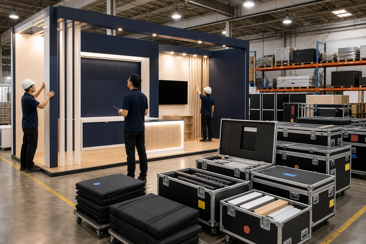 Trade show booth pre-build testing before packing and installation