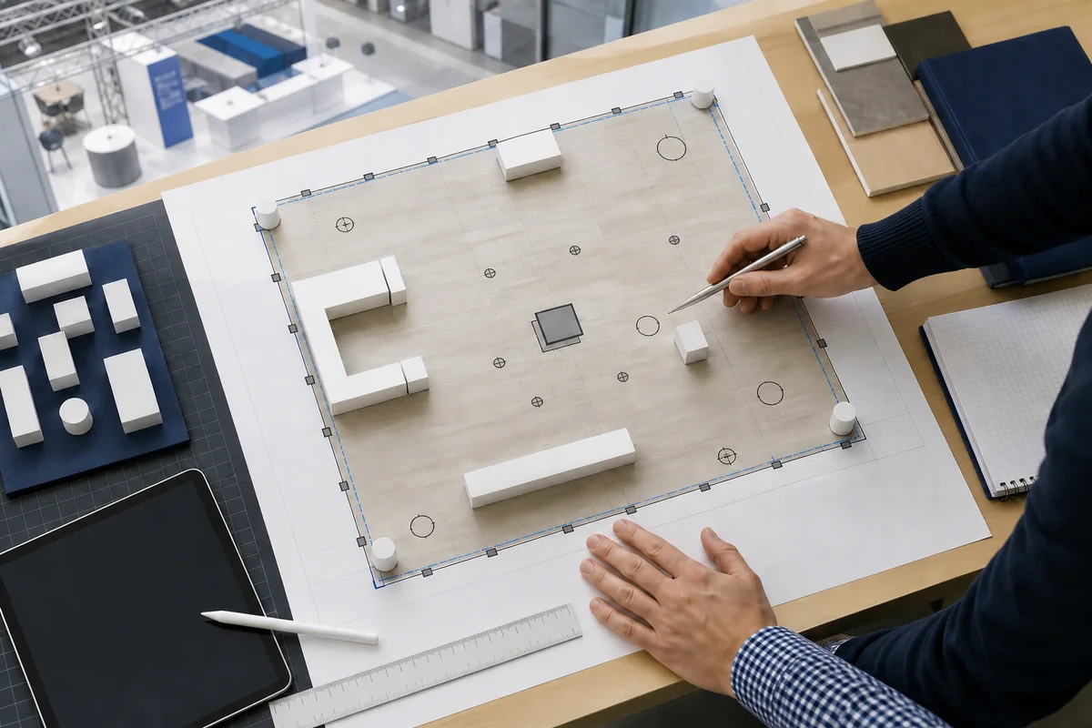Reviewing booth space conditions and show requirements before design approval
