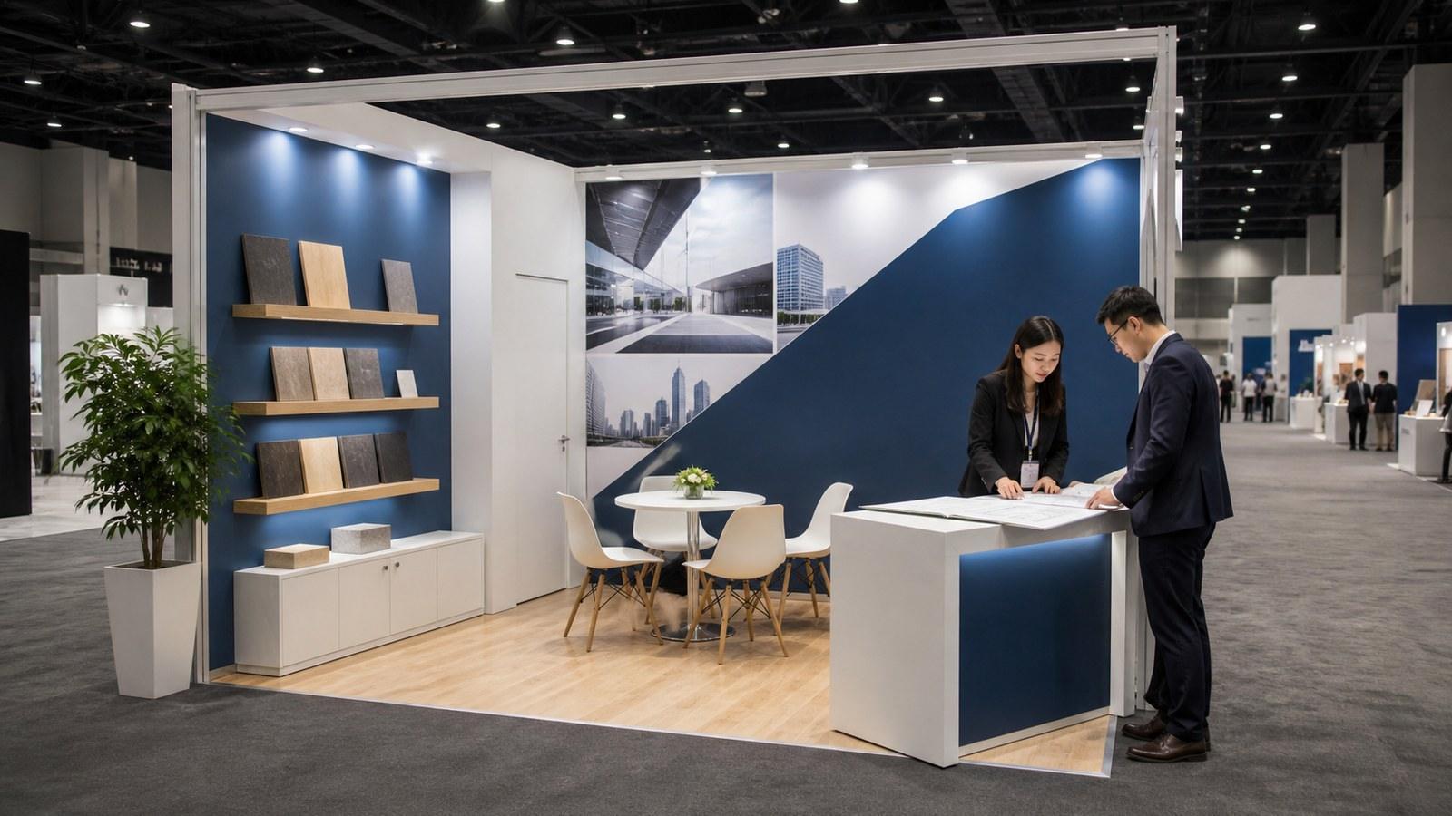B2B exhibit team reviewing a trade show booth wall plan beside a clean 10x10 booth