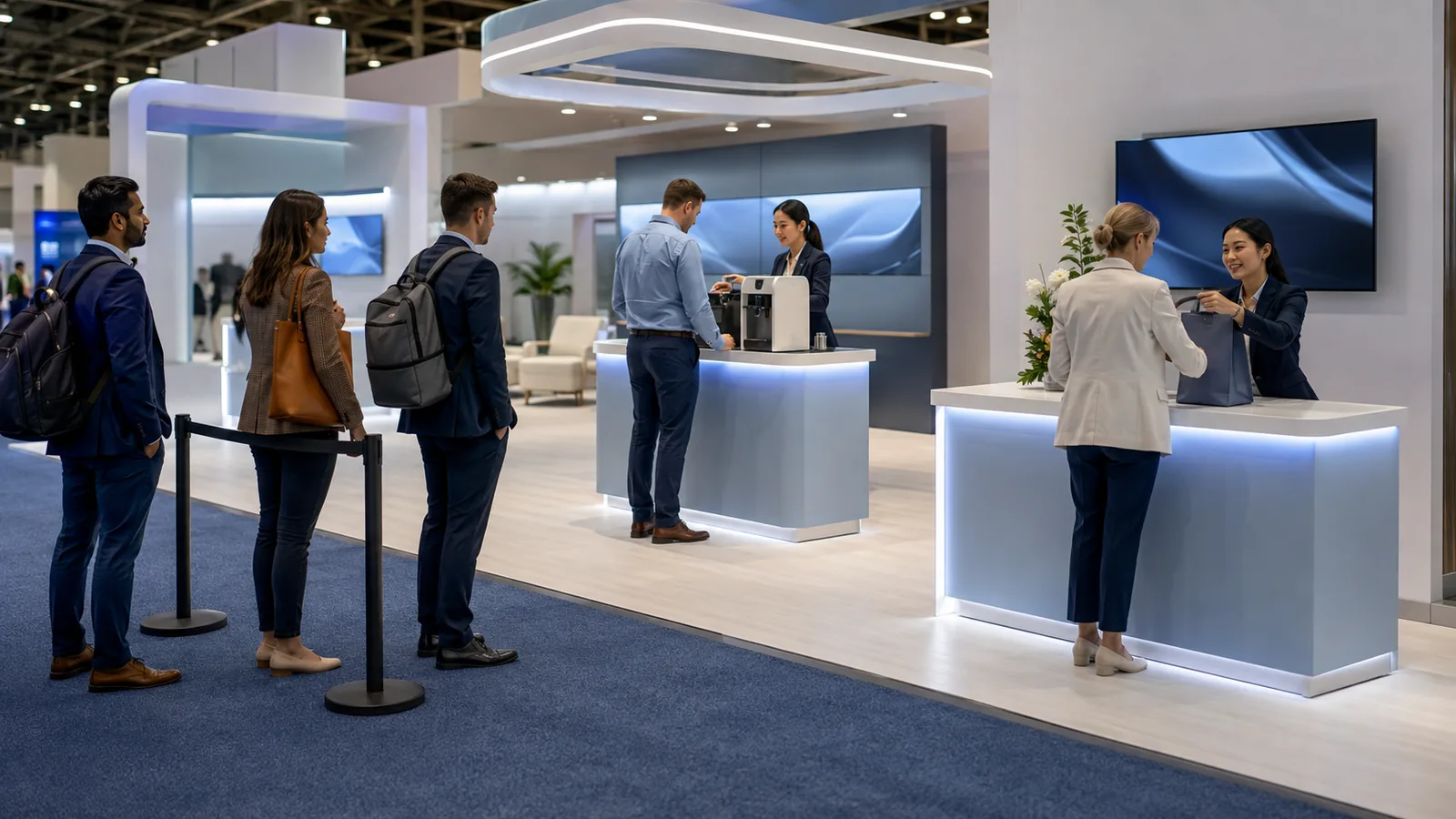 Trade show activation with controlled queue, active station, and completion handoff