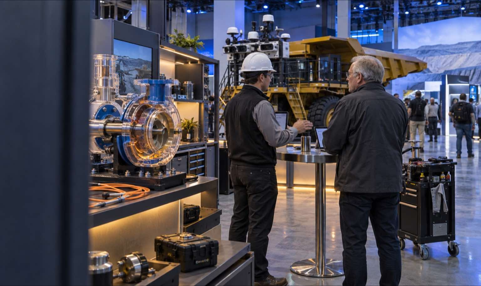 MINExpo mine-service exhibit with haul-truck sensor pod, slurry pump cross-section, and engineering workflow meeting