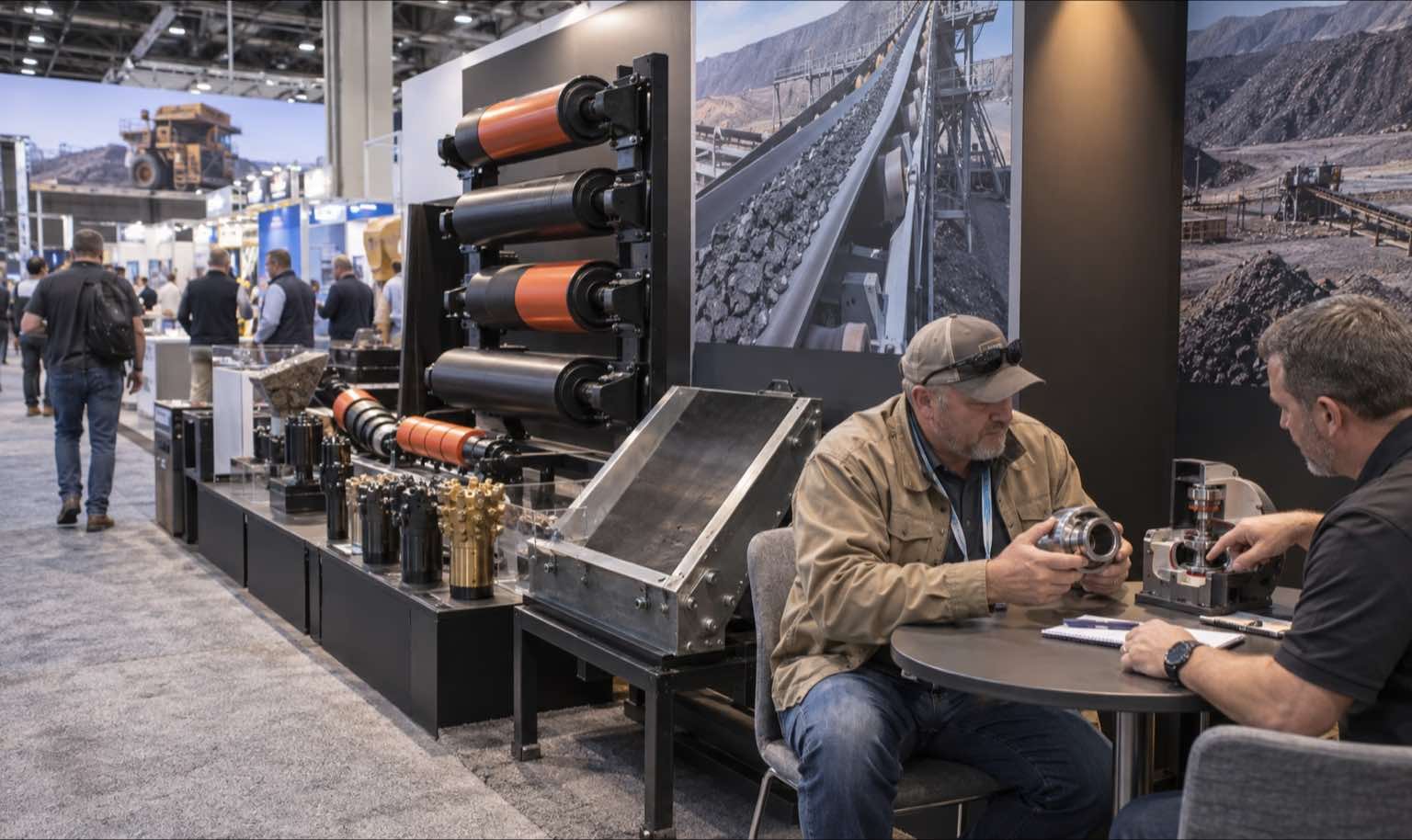 MINExpo 10x30 booth with mining replacement parts and a maintenance buyer reviewing components