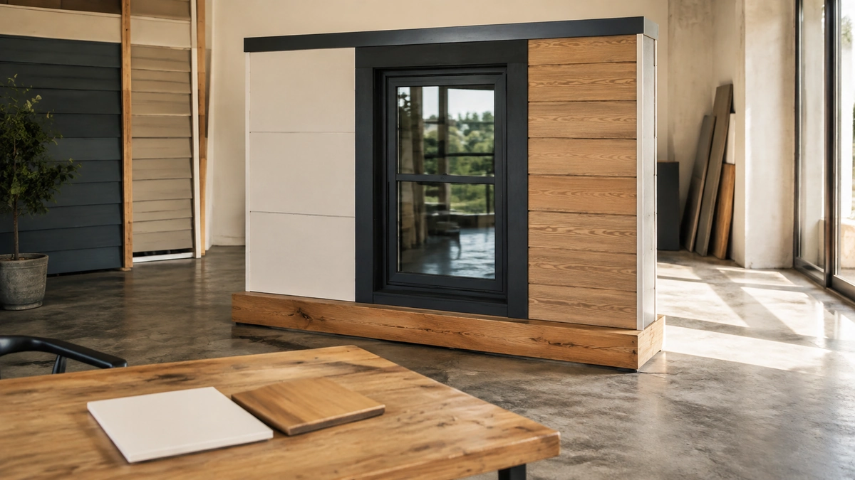 Illustrative residential building-product display with a window assembly sample