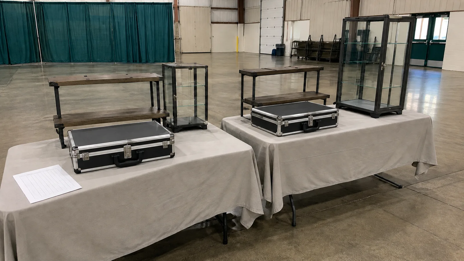 Two vendor tables, display fixtures, and cases arranged for show cost planning