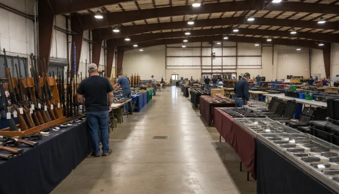 Organized vendor tables inside an Ohio fairgrounds building before a regional gun show