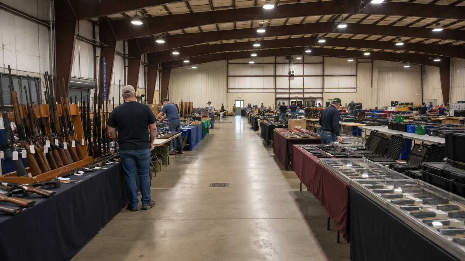 Organized vendor tables inside an Ohio fairgrounds building before a regional gun show