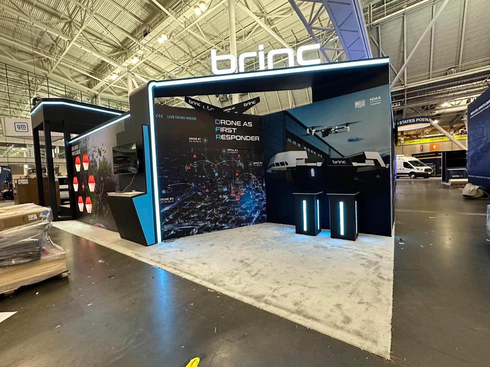 Custom booth rear wall during pre-show setup