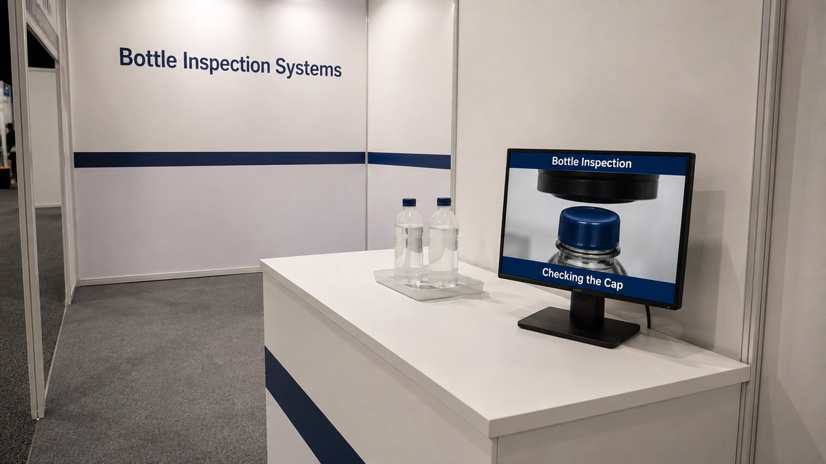 Illustrative small booth screen showing a captioned cap close-up beside bottle samples and a printed product headline.
