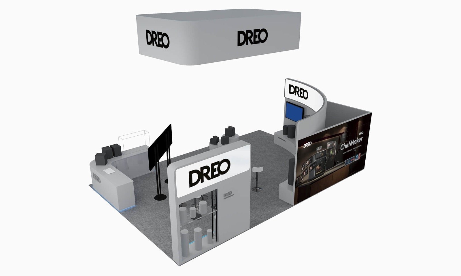 DREO 20 x 30 booth rendering with product displays and compact meeting points