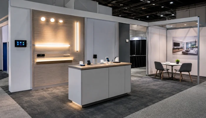 Illustrative smart-home exhibit with a lighting display, control panel and meeting area