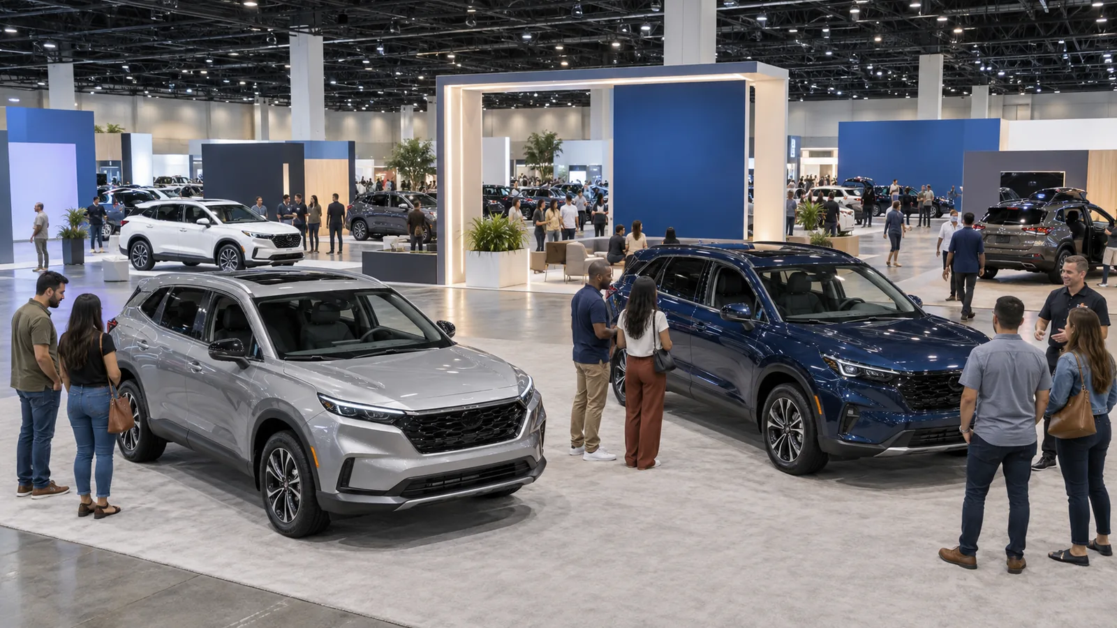 Consumer auto show floor with vehicles and visitors in a modern Central Florida exhibit hall