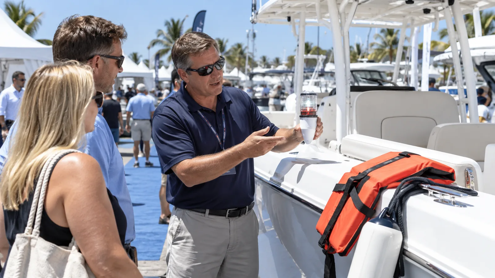 Marine accessory supplier demonstrating an unbranded product beside a boat