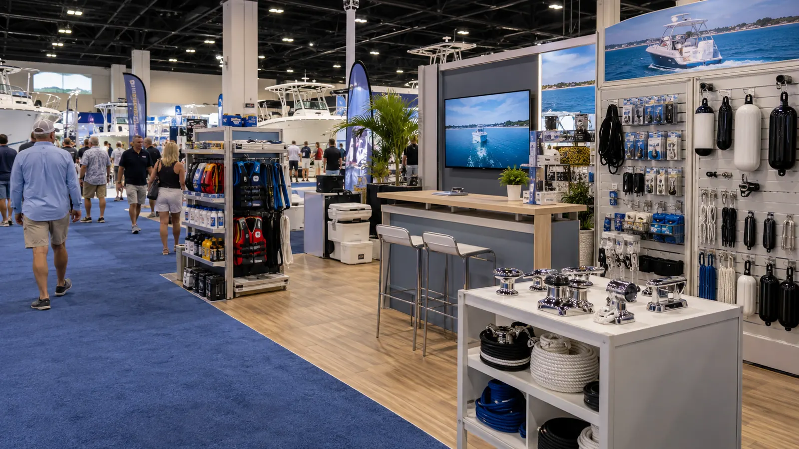 Compact indoor accessory booth with clear aisles