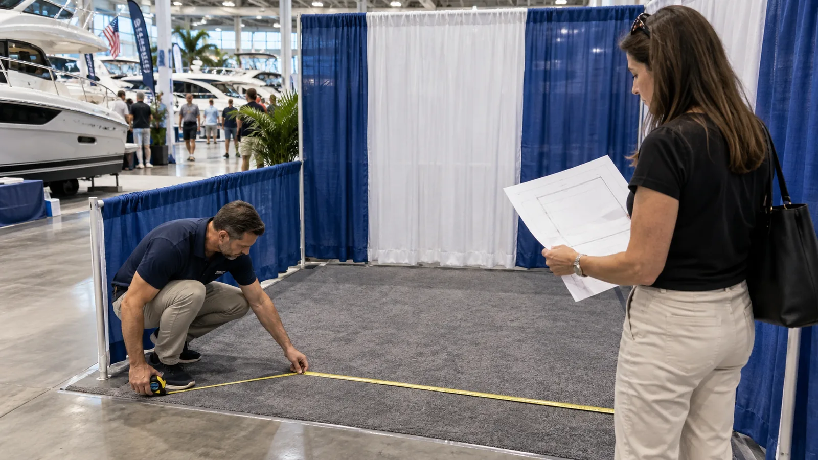 Exhibitor measuring a small footprint and reviewing a floor plan
