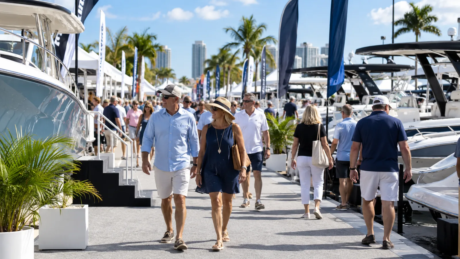 Adult boat buyers moving through a boat-show aisle