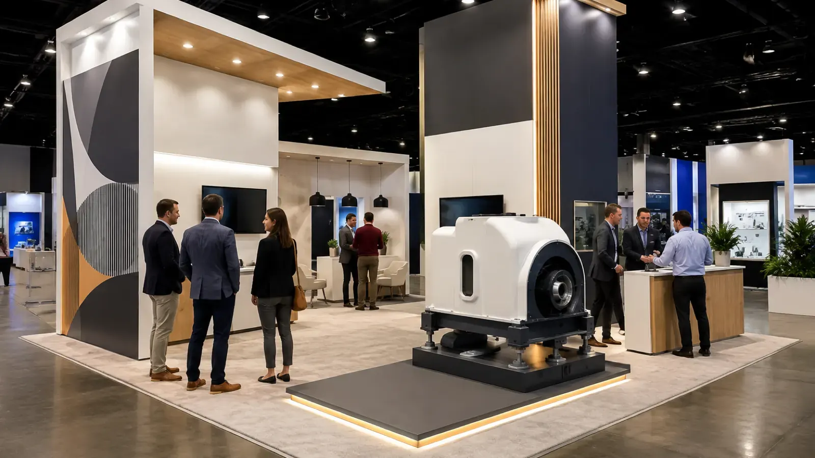 Shared trade show exhibit area with open visitor approach and clear company display zones