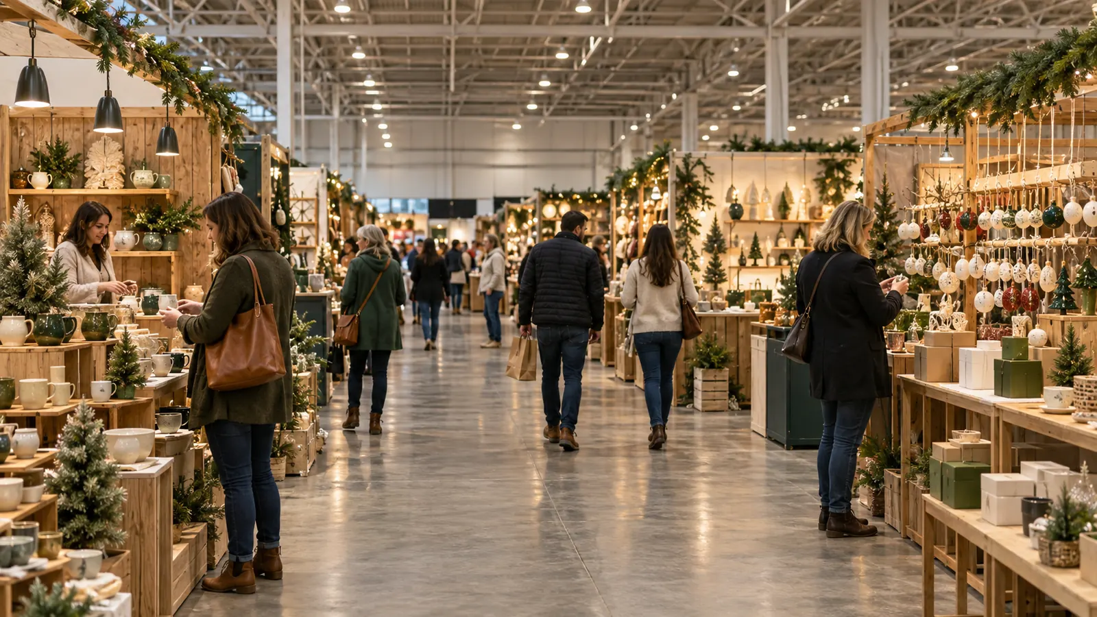 Holiday consumer show aisle with gift displays and shoppers in an Indianapolis exhibit hall