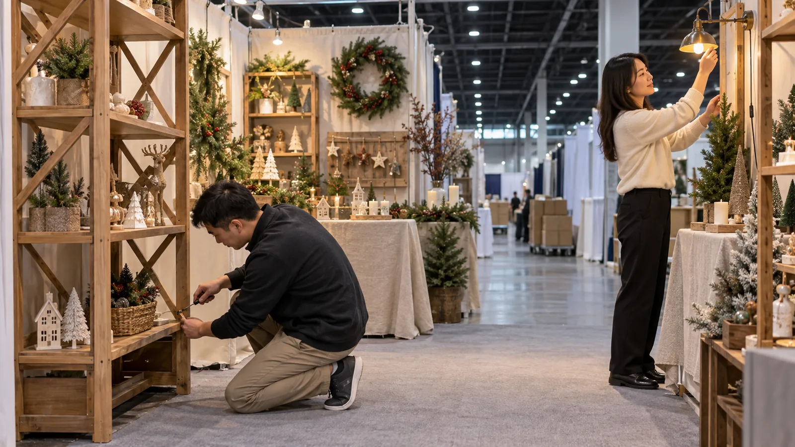 Two staff assembling shelves and testing lighting during holiday show move-in