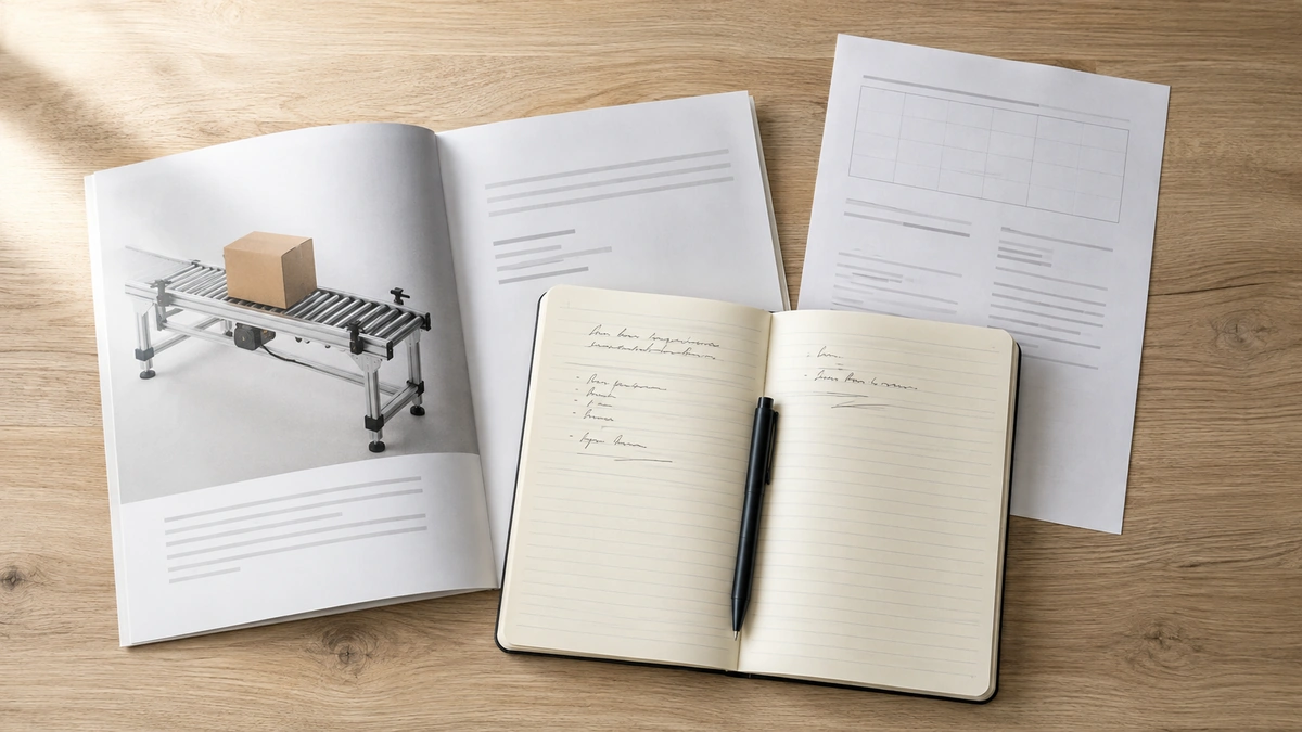 Illustrative arrangement of product literature and observation notes for a source comparison.
