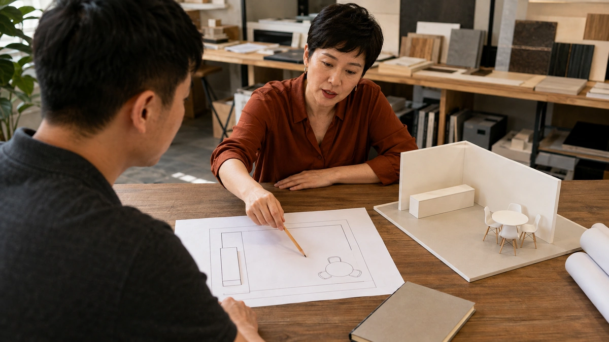 Illustrative planning discussion using a booth floor plan and demonstration-area model.