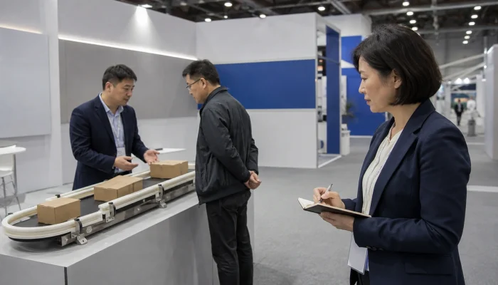 Illustrative view of an open product demonstration at a trade show booth.