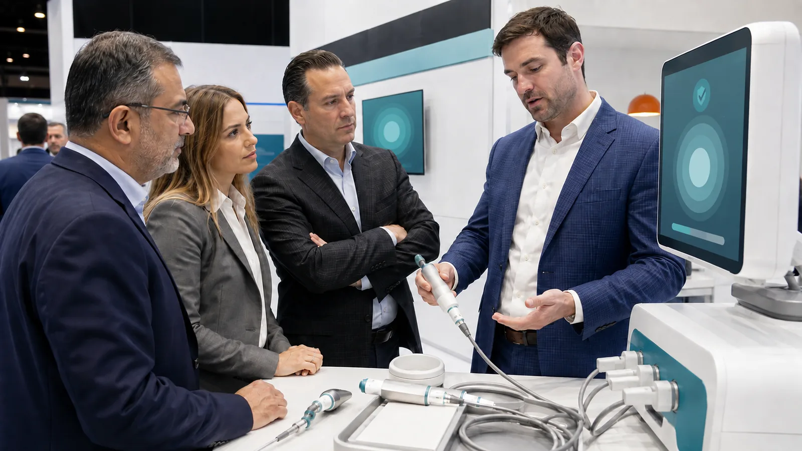 Clinical specialists reviewing a medical device demonstration at a congress booth