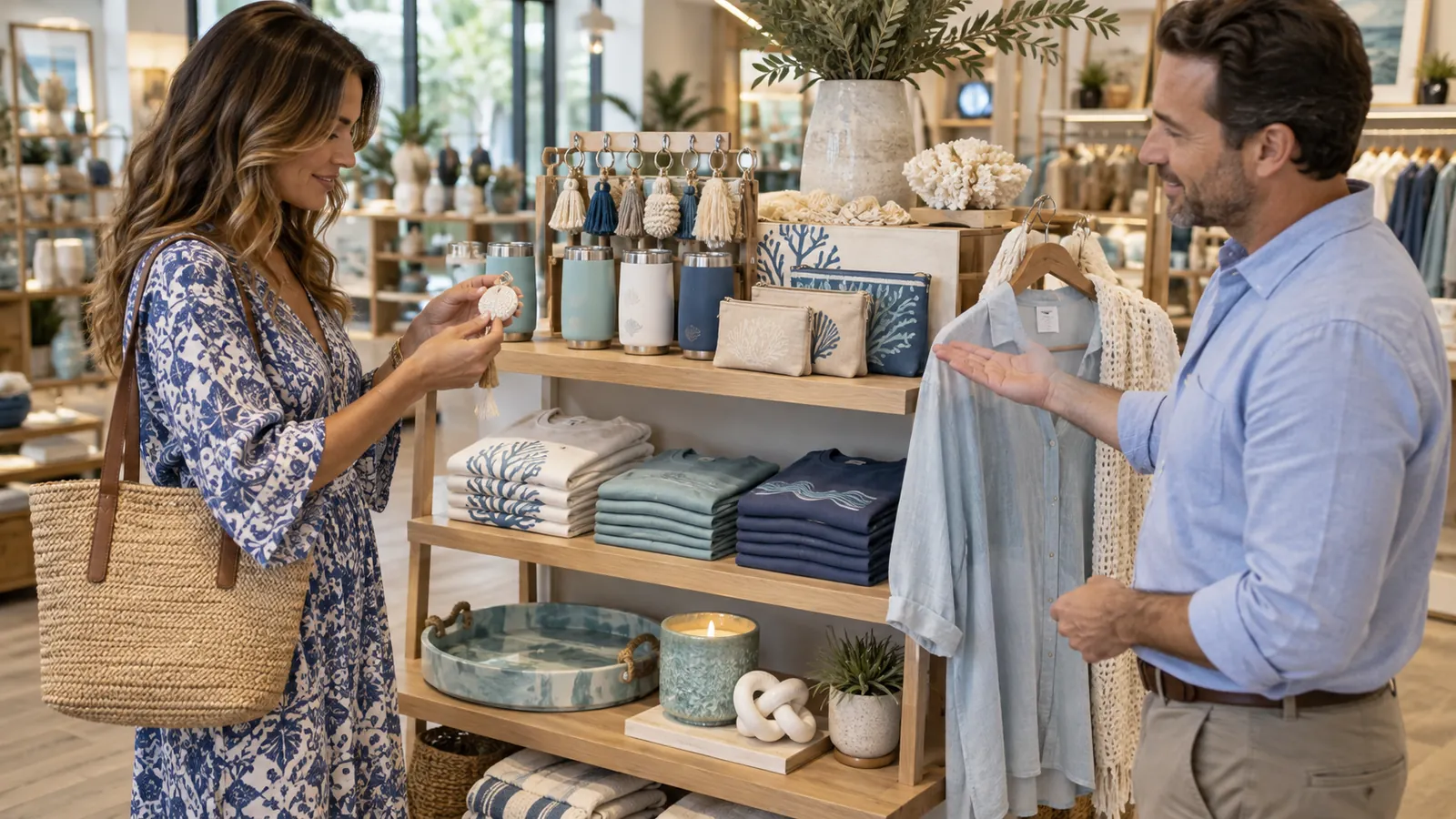 Wholesale buyer and supplier reviewing coastal merchandise for a destination retail store