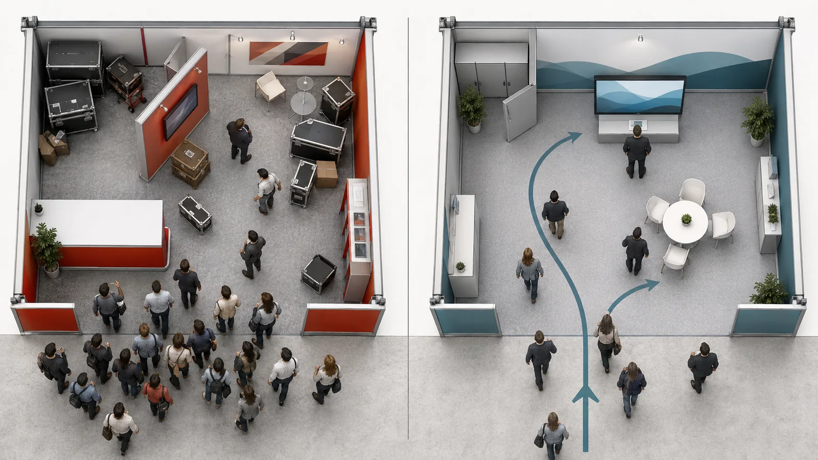 Before-and-after trade show booth diagram comparing common layout mistakes with a corrected visitor flow