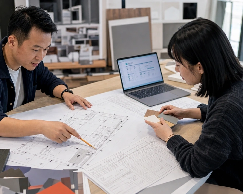 Illustrative exhibit team reviewing a booth floor plan and budget worksheet