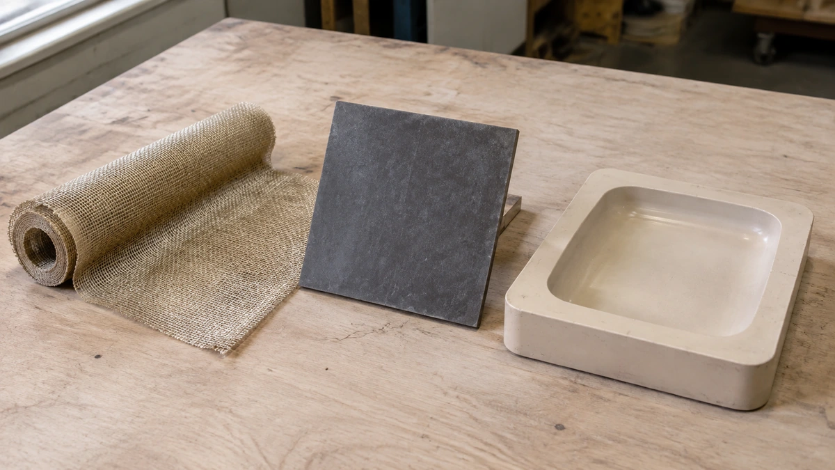 Reinforcement fabric, a cured panel and a demonstration mold on a display table