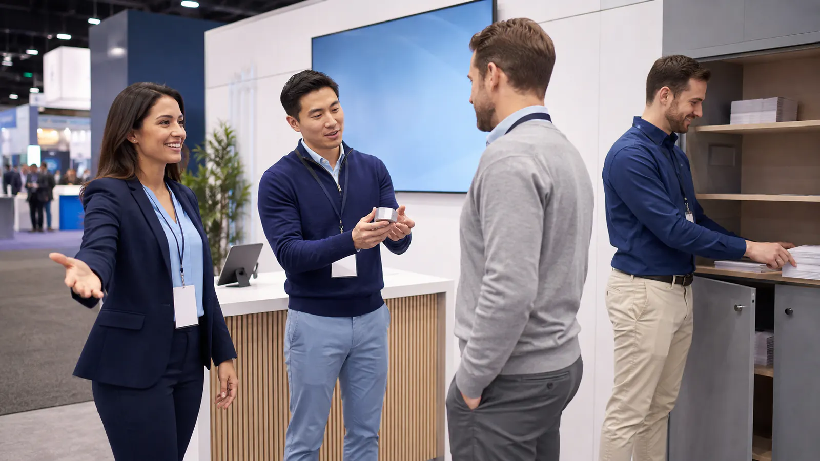 Booth staff in coordinated business casual clothing serving different roles