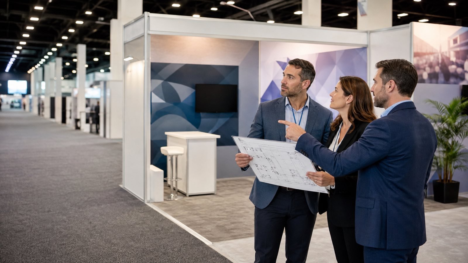 Exhibit team reviewing a trade show floor plan beside a clean 10x10 booth