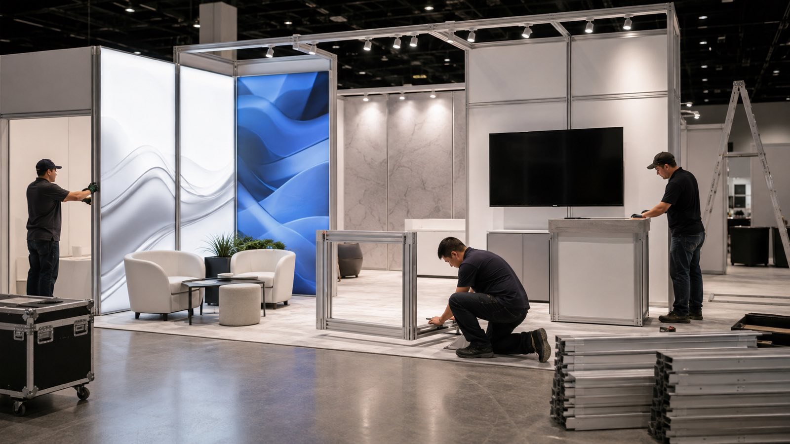 Modular trade show display with graphics, lighting, product shelving, and meeting counter