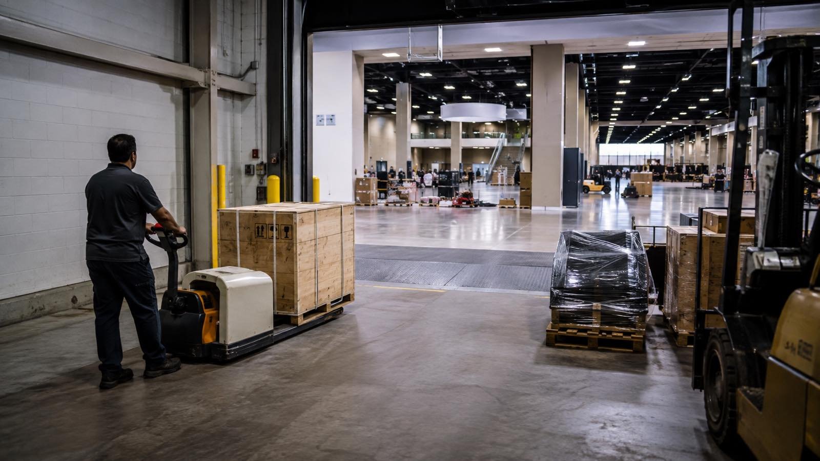Crated trade show exhibit materials being handled at a convention center loading dock
