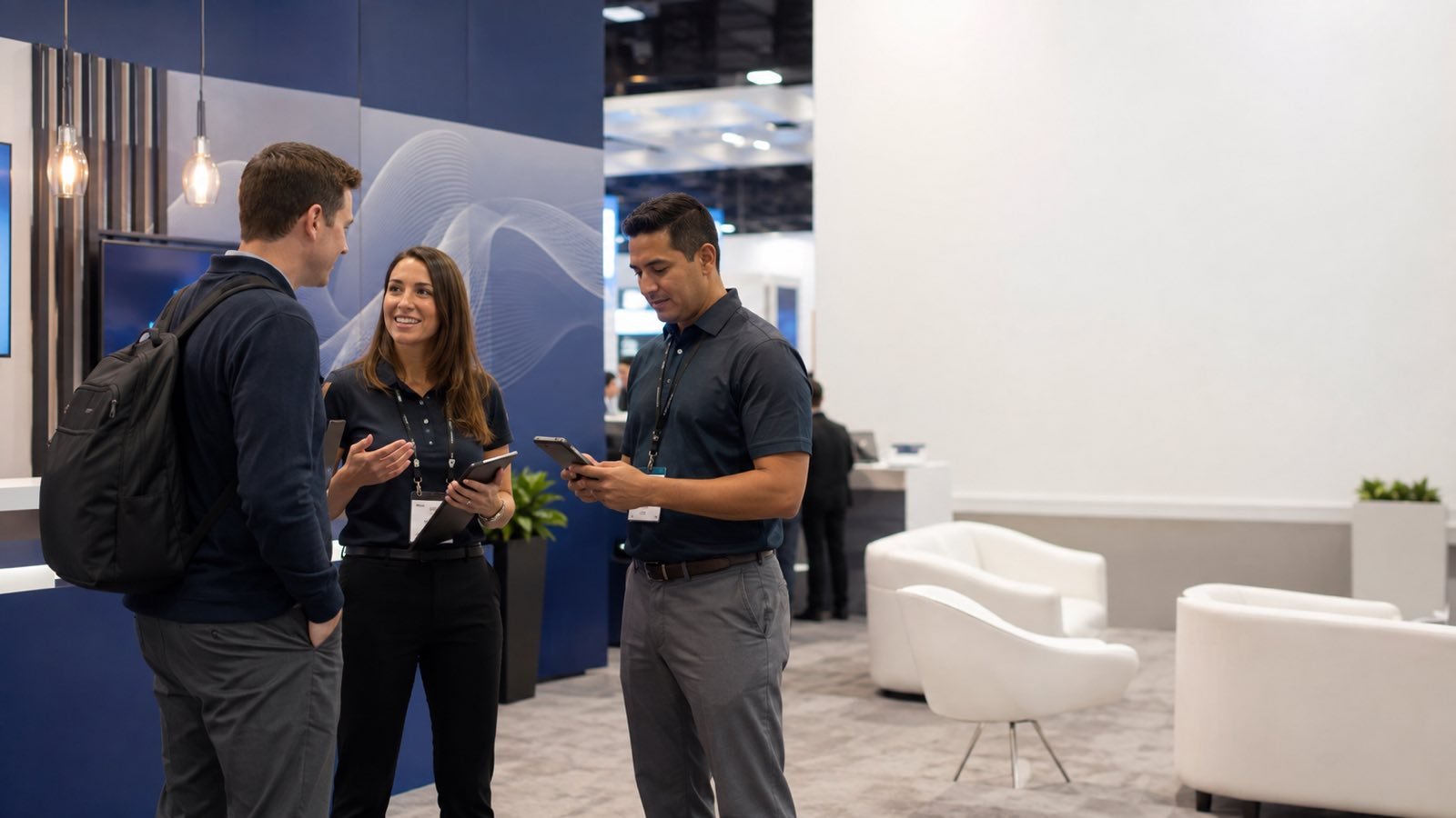 Exhibitor speaking with a visitor while capturing a qualified trade show lead