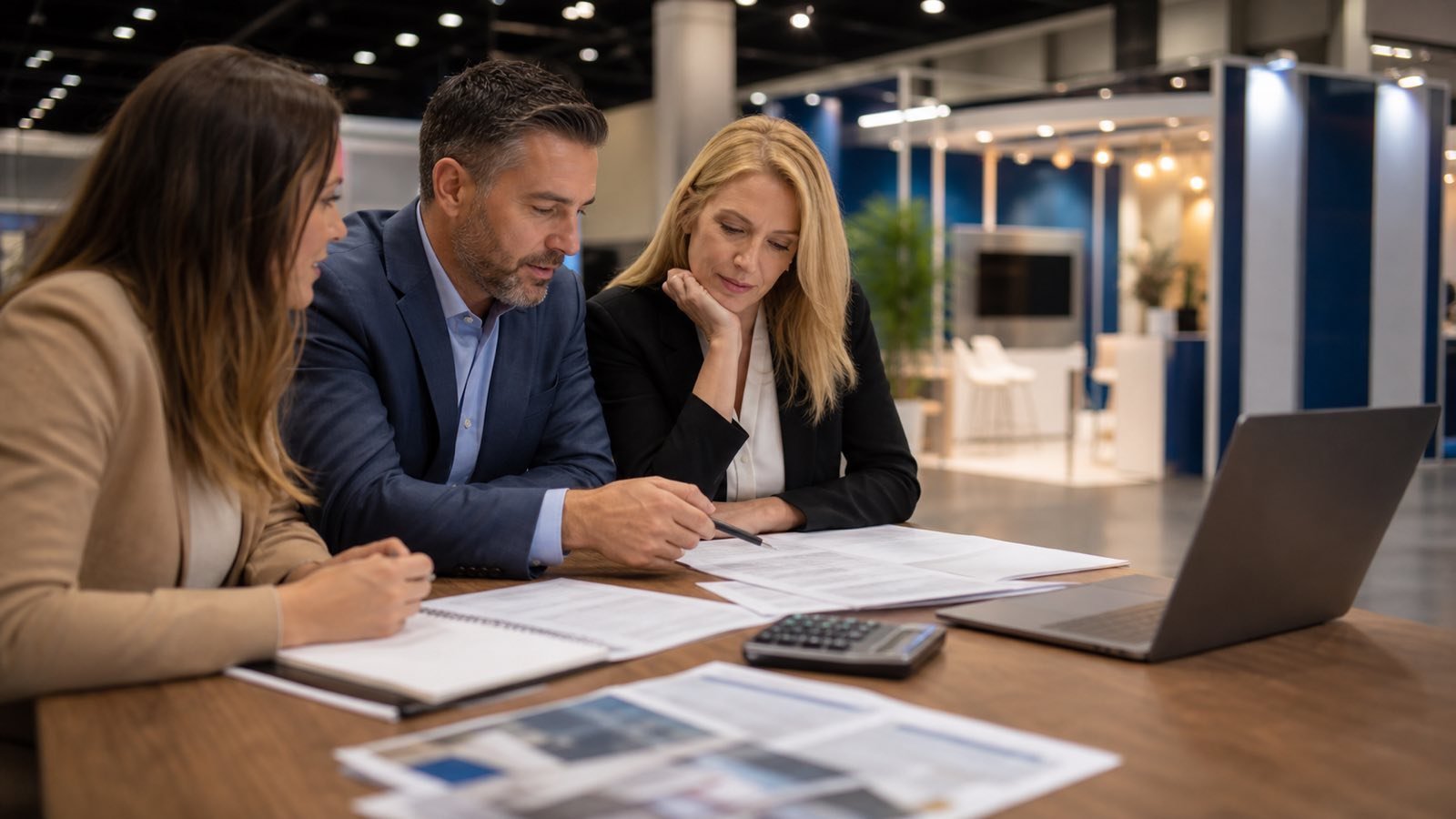 B2B marketing team reviewing a trade show prospectus and line-item budget