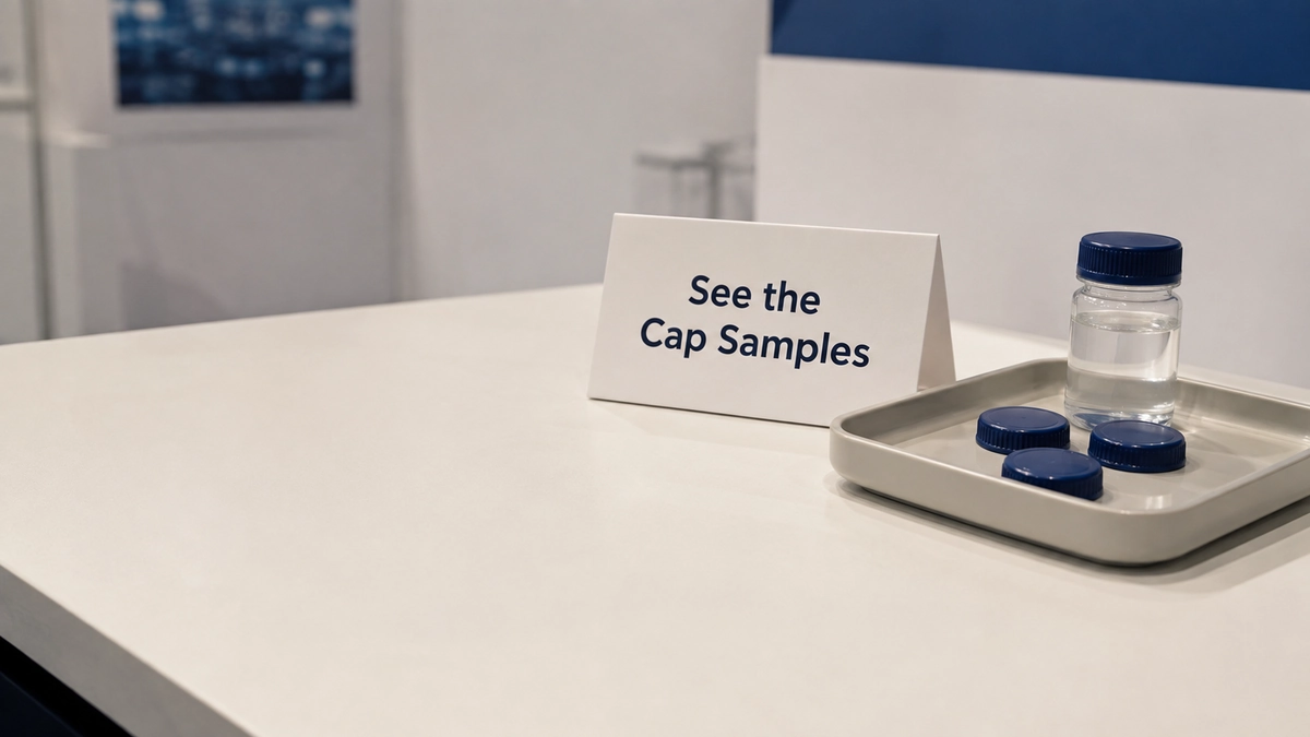 Illustrative tabletop tent inviting visitors to see cap samples beside a tray with clear counter space.