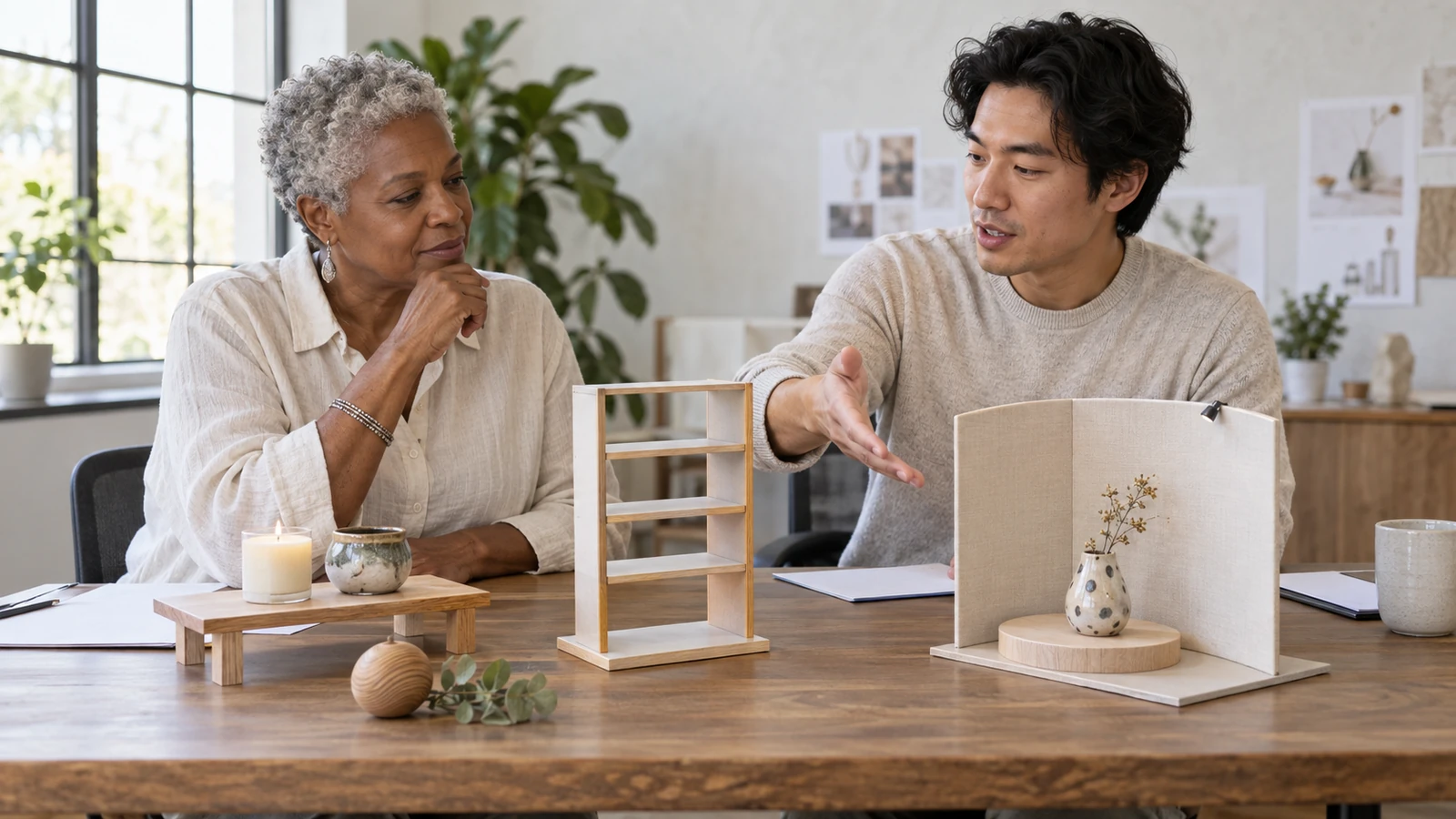 Craft brand owner and exhibit designer reviewing display options
