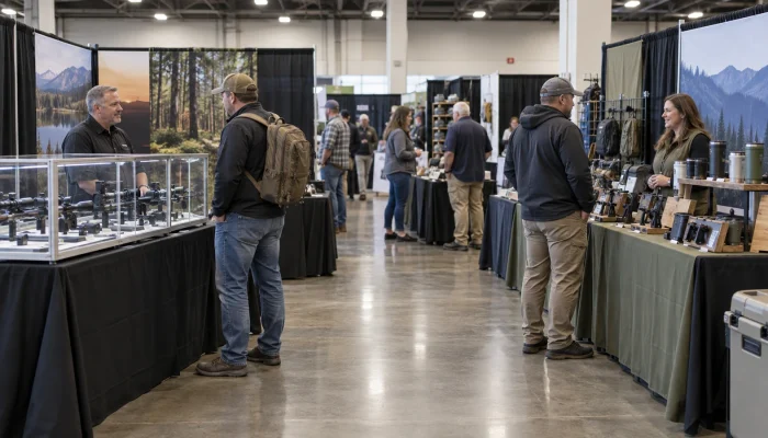 Illustrative regional gun and knife show with organized tabletop exhibitor displays