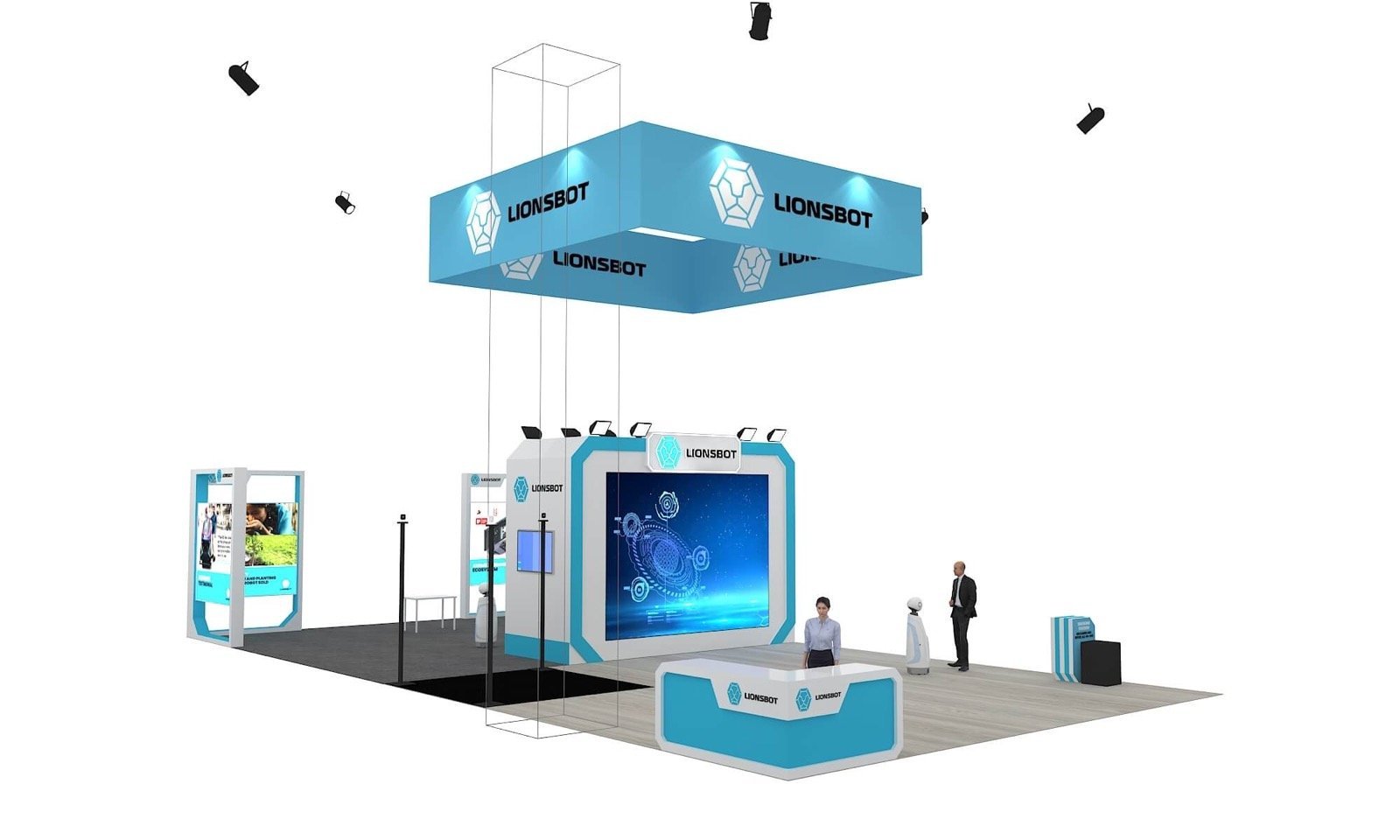LionsBot booth rendering with a large screen and physical robot display