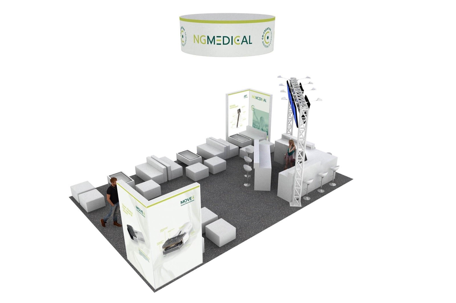 Medical booth design with lounge and display areas