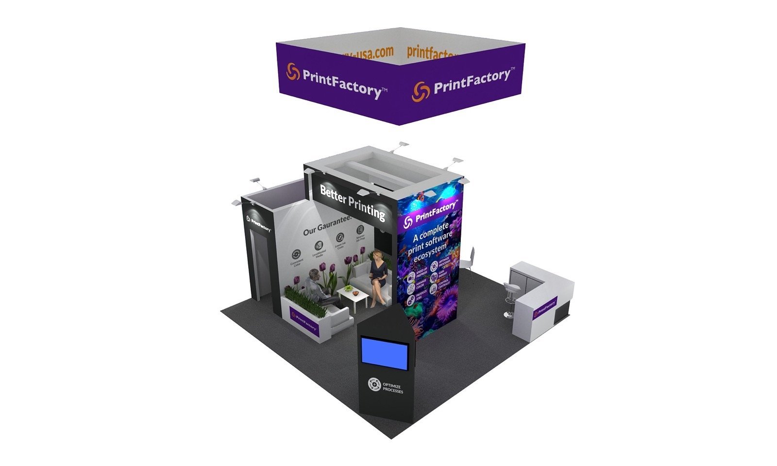 PrintFactory 20 x 20 booth rendering with a large vertical graphic wall