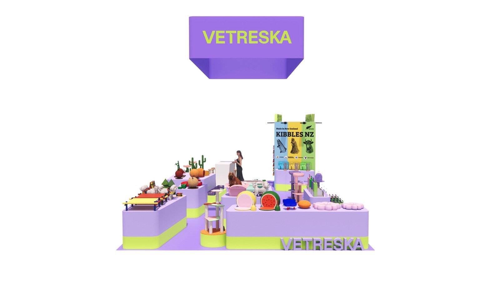 Vetreska booth rendering with lavender display blocks and lime accents