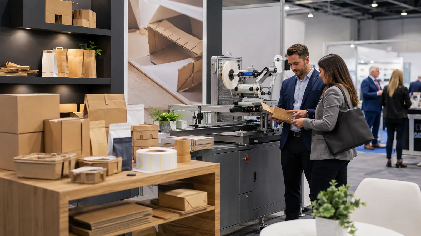 Conceptual packaging and labeling supplier booth at a generic trade show