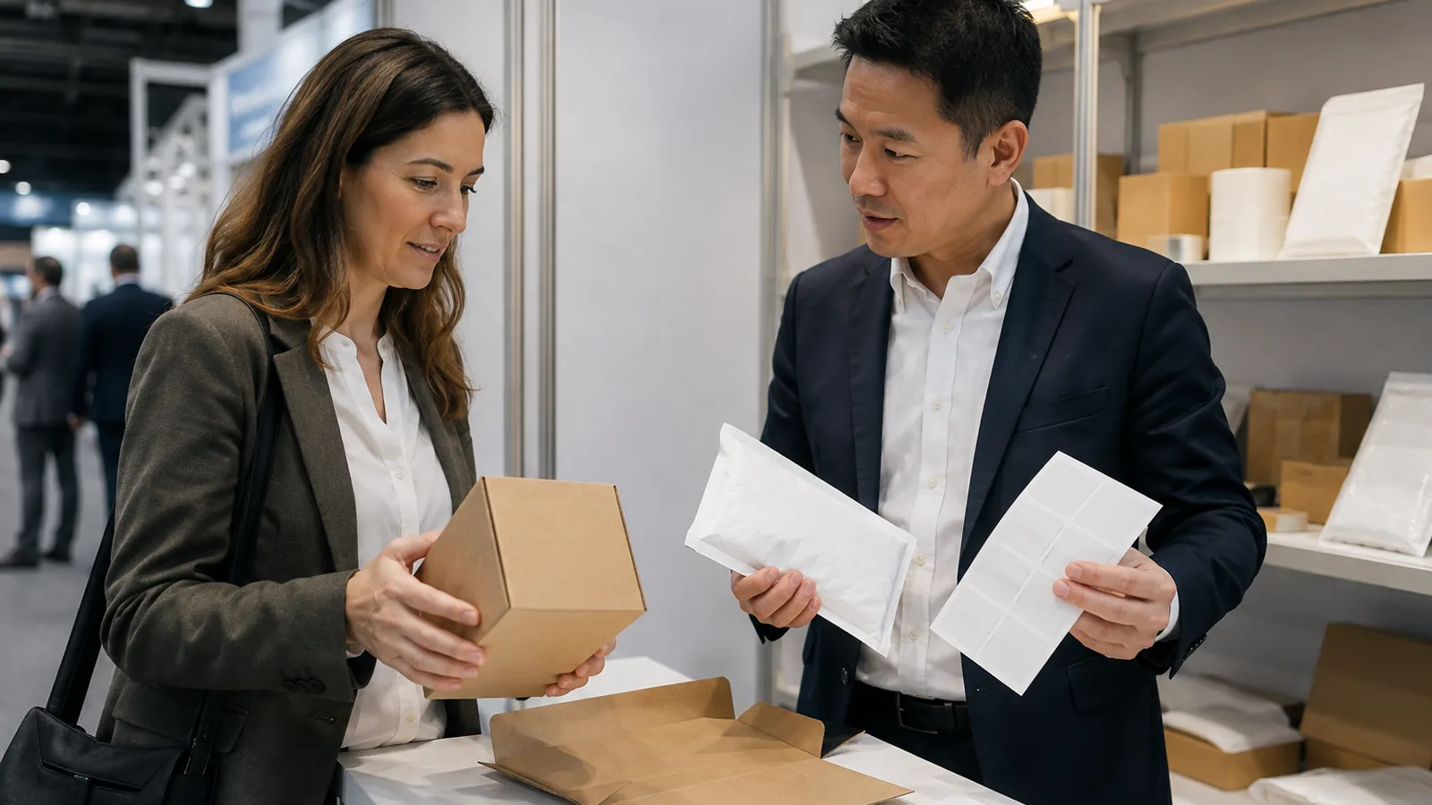 Buyer and technical exhibitor comparing packaging samples at a booth