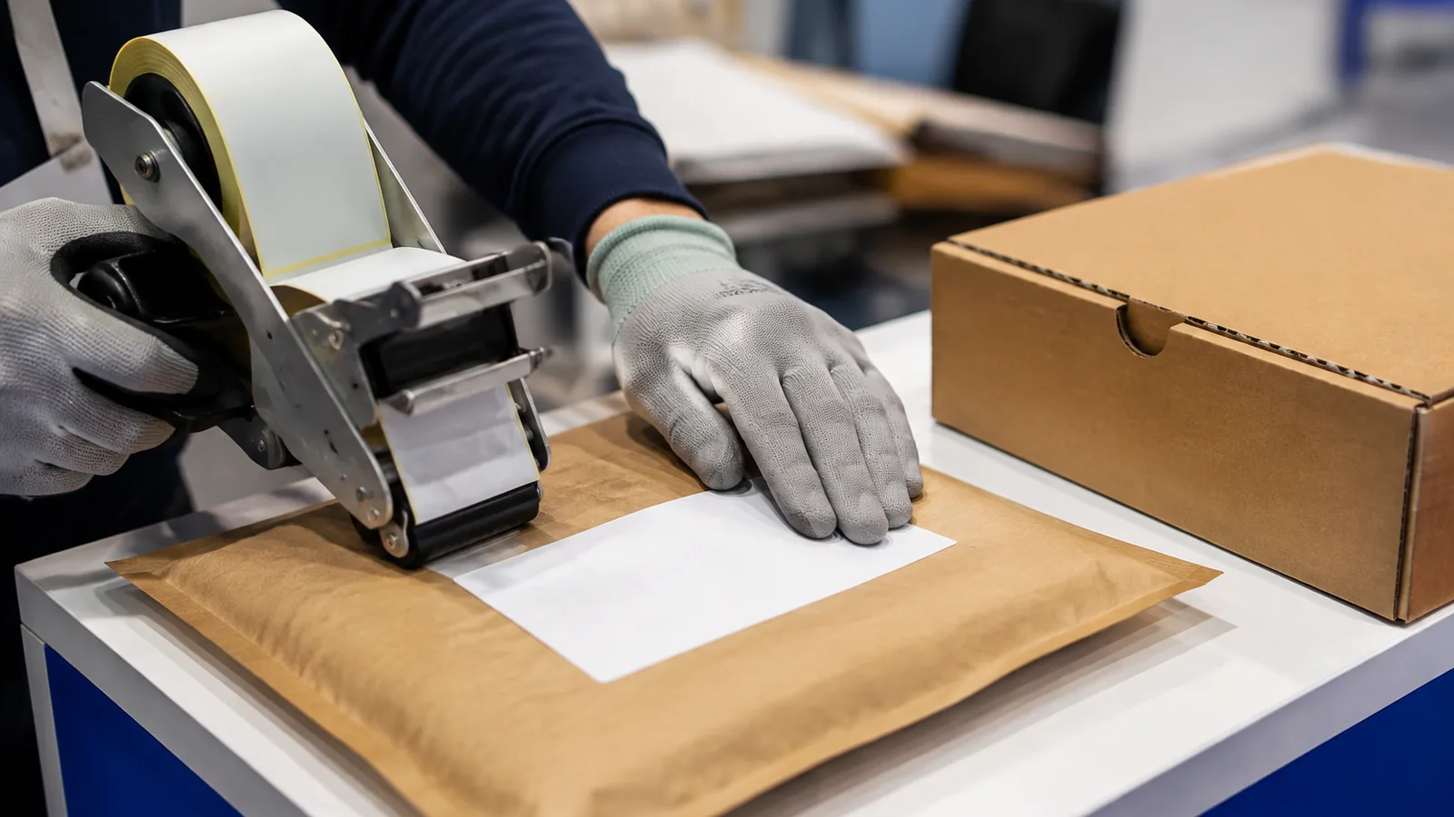 Technician applying a blank label to recyclable mailer packaging