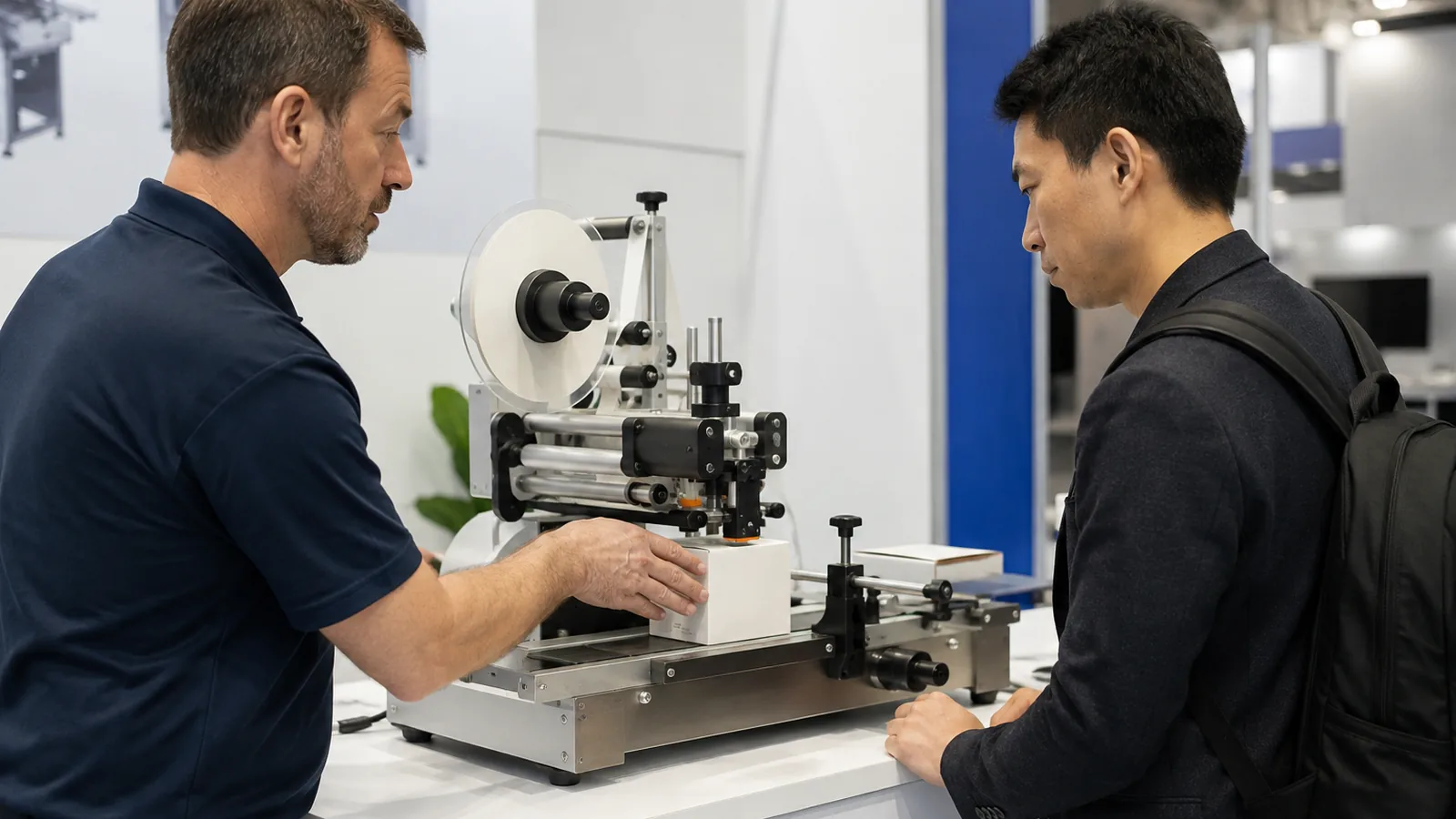 Compact labeling machine demonstration at a trade show booth
